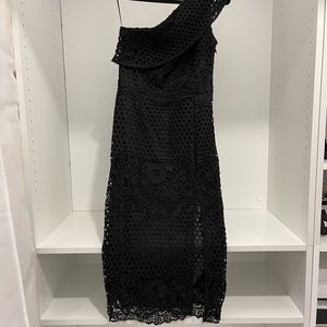 Prettylittlething black lace midi dress one shoulder